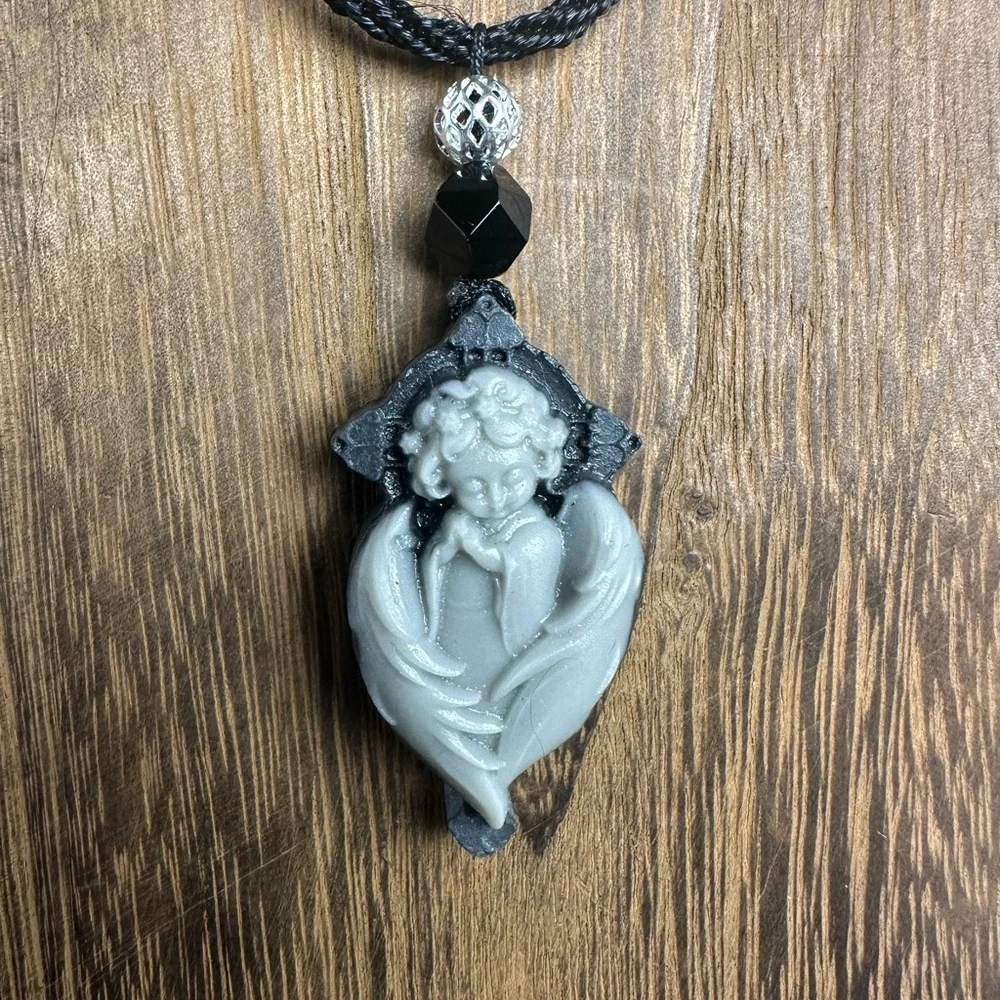 Tai Chi Stone Angel Pendant Necklace on Black Rope
